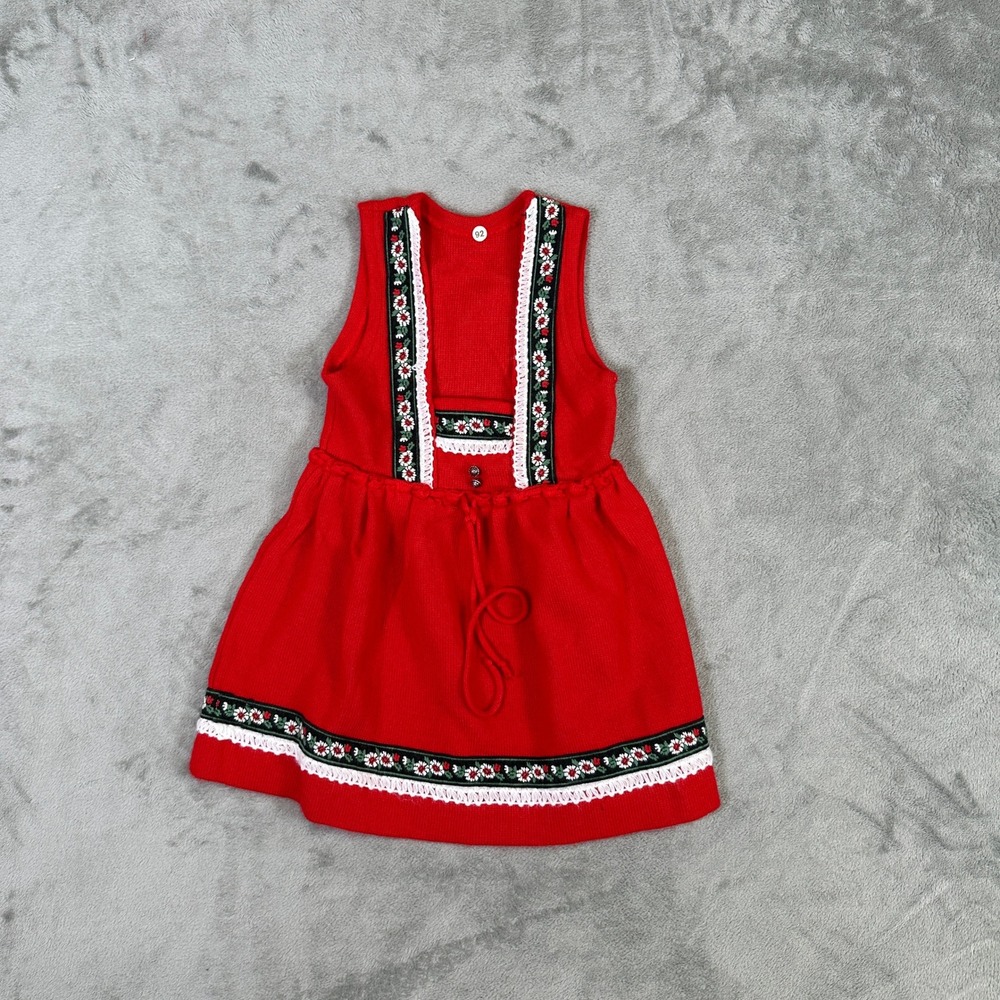 Vintage Bayer Dralon Girls Red Knit Folk Dress Floral Embroidery Lace Trim 92